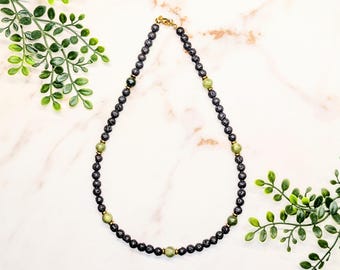 Connemara Marble & Lava Rock Necklace | Green Irish Marble Black Lava Beads | Stainless Steel Gold Hematite | Men’s Natural Stone Necklace