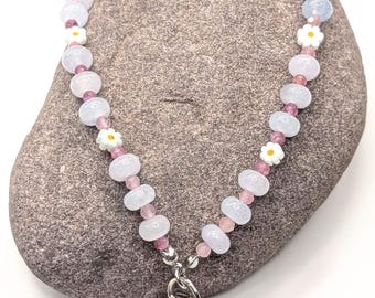 Gemstone Phone Strap Faceted Red Tourmaline Dyed Aquamarine Glass Daisy Flower Spring Phone Charms & Accessories Tether Wristlet Dainty