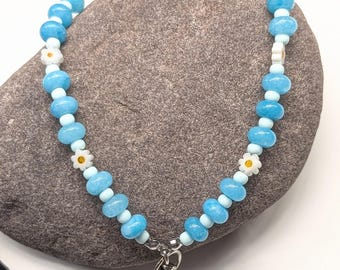 Aqua Blue Green Gemstone Glass Daisy Chain Beaded Phone Wrist Strap Dyed Matte Toho Beads Purse Wallet Wristlet Cellphone Tether 1 or 2 Hole