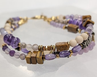 Amethyst Bracelet "Astrid" Pyrite Purple Smoky Brown Sundance Inspired 3 Strand Toggle Bracelets Gemstone February Birthstone Mystical Magic