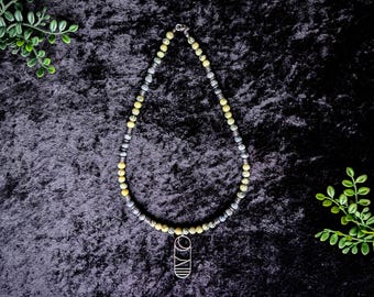 Yellow Jasper & Matte Labradorite Necklace Moon Landscape Pendant Silver Hematite Heishi Boho Nature Mens Necklace Black Chartreuse Gray
