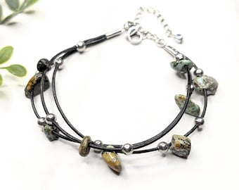 African Turquoise Leather Bracelet | Triple Strand Gemstone Chip Bracelet | Silver Beads | Adjustable Lobster Clasp | Natural Stone Jewelry