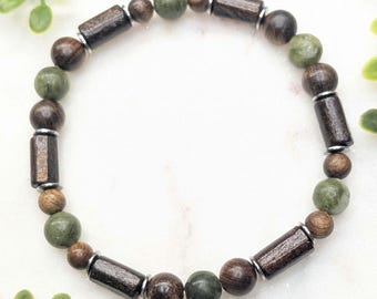 Connemara Marble Bracelet | Irish Marble Jewelry | Green Marble Wood Bead Bracelet | Stainless Steel Heishi | Natural Handmade Stone Jewelry