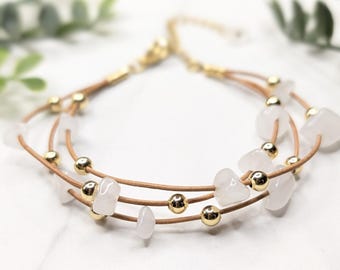 White Jade Leather Bracelet | 3 Strand Gemstone Chip Bracelet | Gold Beads | Adjustable Lobster Clasp | Natural Stone Jewelry | Stainless