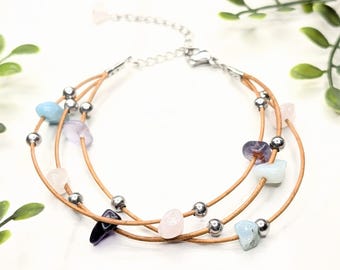 Rose Quartz Fluorite Larimar Leather Wrap Bracelet | Triple Strand Gemstone Bracelet | Stainless Steel Beads | Natural Stone Jewelry Gift
