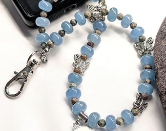 Butterfly Charm Phone Wrist Strap Blue Gemstone African Turquoise Stone Cream Enamel Metal Insect Single Sided Charms 1 or 2 Hole Tether