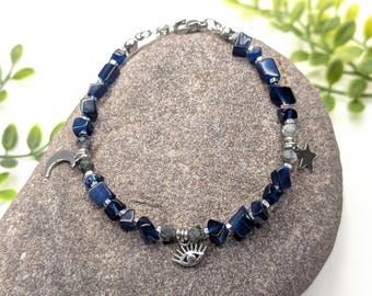 Selenite & Labradorite Bracelet | Celestial, Mystical Moon Star Third Eye | Blue Irregular Chip Beads |Hematite Adjustable | Stainless Steel