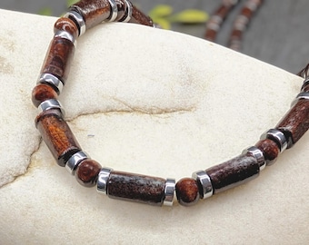 Handmade Men's Wooden Beaded Necklace with Silver Rhodium Hematite Disc and Wood Tube Beads on Wire, Lobster Clasp, Multiple Sizes Available
