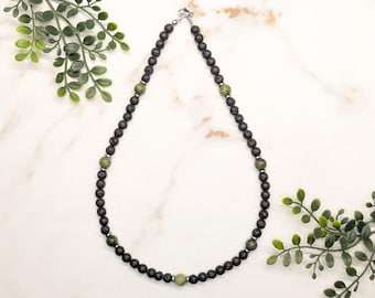Connemara Marble & Lava Rock Necklace | Green Irish Marble Black Lava Beads | Stainless Steel Silver Hematite | Men’s Natural Stone Necklace