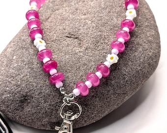 Pink Flower Phone Wrist Strap | Magenta Beaded Phone Wristlet | Floral Glass Daisy Lanyard for Phone, Wallet, or Bag