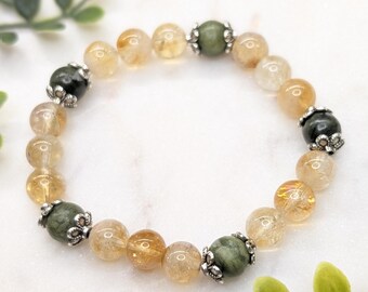 Connemara Marble & Citrine Bracelet | Green Marble Beaded Stretch Gemstone Bracelet | Stainless Steel Flower Spacers | Natural Stone Jewelry