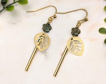 African Turquoise Dangle Earrings | Dainty Flower Stone Earrings | Gold Bar Drop Earrings | Brass Leaf Charm | Gold Fishhook or Huggie Hoops