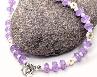 Purple & Pink Flower Phone Wrist Strap | Purple Gemstone Glass Daisy Floral Beads | Spring Beaded Wristlet | Cute Phone Lanyard or Bag Charm
