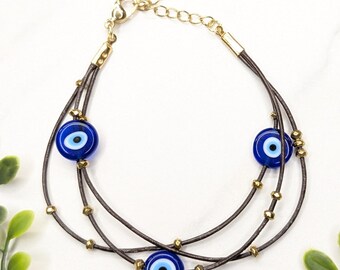 Evil Eye Brown Leather Bracelet | Blue Nazar 3 Strand Glass Beaded Bracelets | Gold Hematite Beads | Adjustable | PVD Gold Stainless Steel