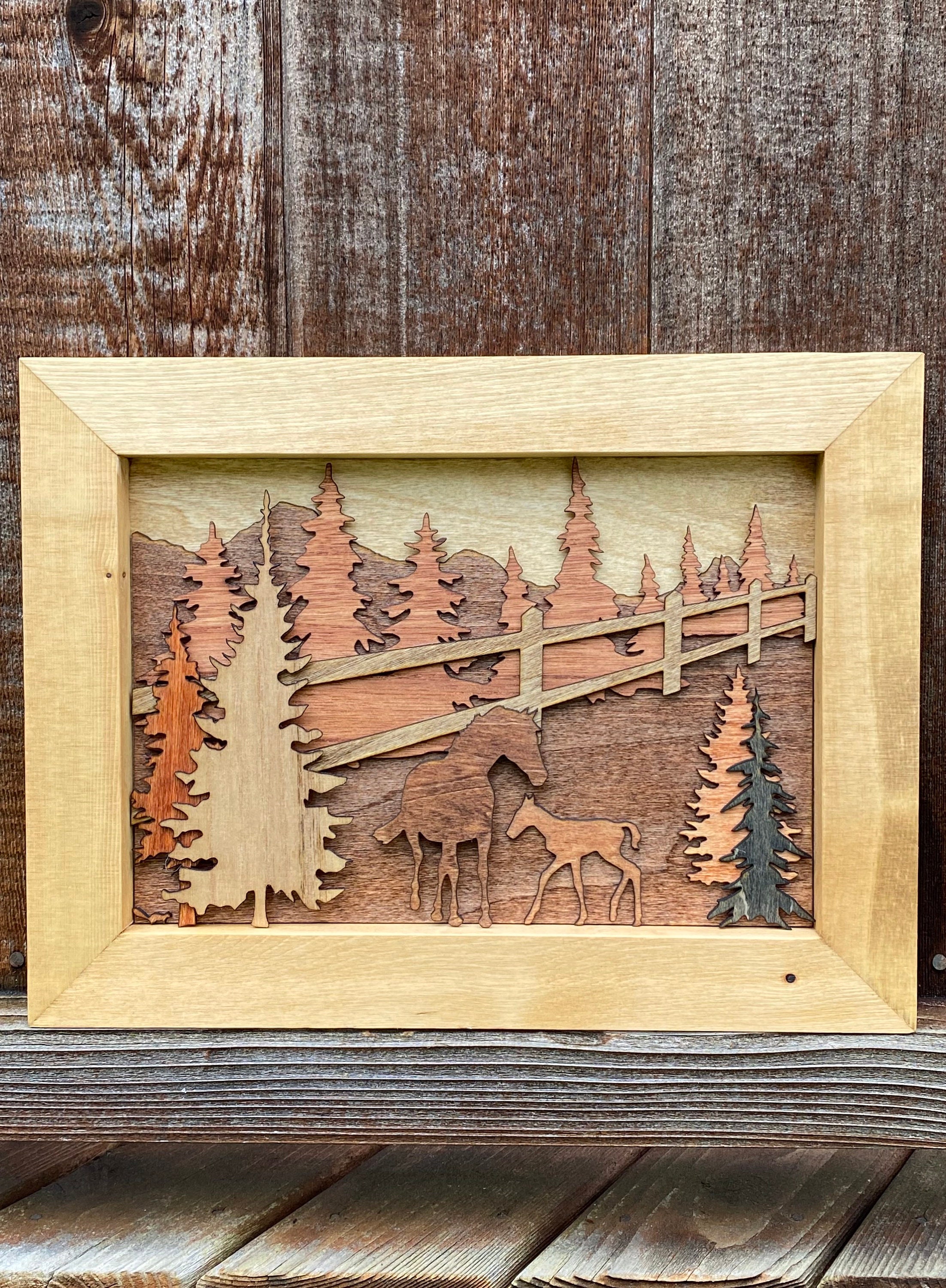 12x9 Mare & Foal in Pasture Laser Cut Layered Wood Art in | Etsy
