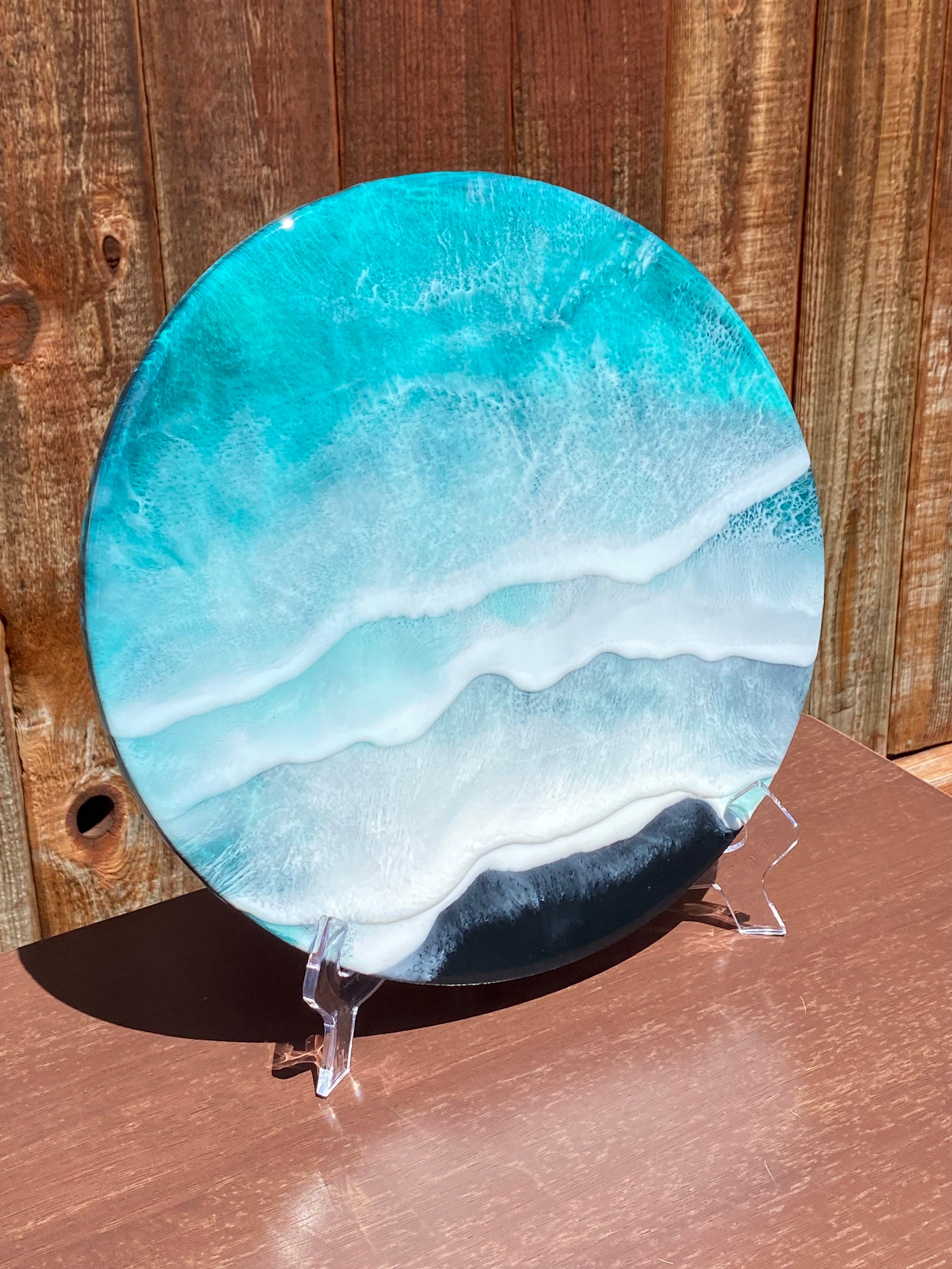 12 Round Resin Teal Ocean wall art home decor easel art epoxy Etsy