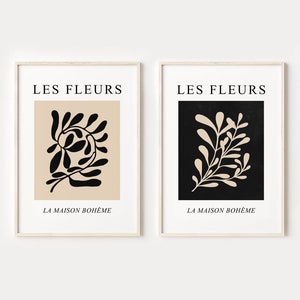 Les Fleurs Print Set of 2, Black and Beige Matisse Style Botanical Prints Abstract Printable Wall Art Modern Gallery Poster DIGITAL DOWNLOAD