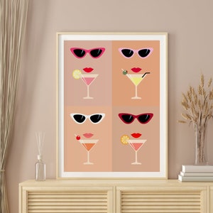 Impresión artística de gafas de sol / DESCARGA INSTANTÁNEA / Impresión de moda vintage / Impresión de cócteles / Estilo retro / Póster de cócteles minimalistas / Arte mural con lápiz labial