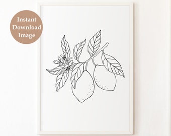 Lemon Line Art | DIGITAL DOWNLOAD | Lemon Line Drawing | Minimalist Kitchen Art Print | Black White Lemon Print | Botanical One Line Drawing