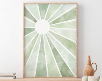 Impresión de sol abstracto verde salvia, arte de pared imprimible, impresión digital de sol bohemio, póster minimalista moderno de mediados de siglo, decoración bohemia, descarga instantánea