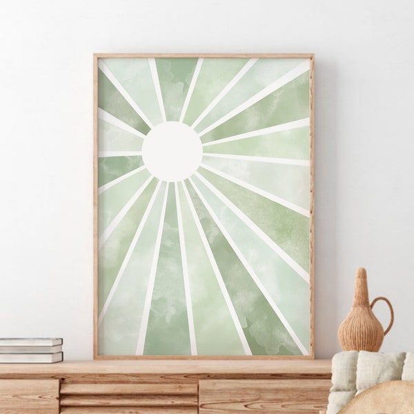 Salviagrönt abstrakt soltryck, utskrivbar väggkonst, boho sol digitaltryck, mitten av århundradet modern, minimalistisk affisch boho dekor direkt nedladdning