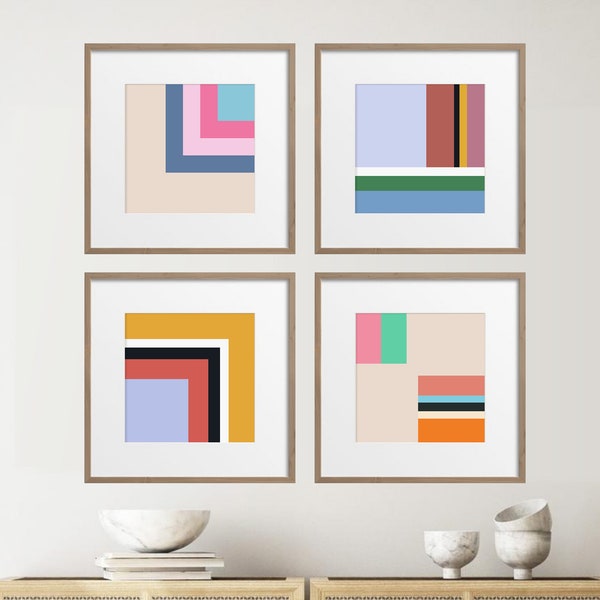 Square Abstract Print Set of 4, Colour Block Abstract Printable Wall Art, Mid Century Modern Art, Gallery Wall Set, DIGITAL DOWNLOAD