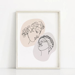 Greek Statue Line Art, PRINTABLE, Ancient Head Line Drawing, Abstract Face Line Art, One Line Art Couple, One Line Faces Greek Bust Print
