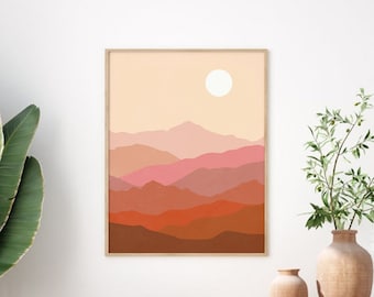 Boho Landscape Print, Abstract Mountains Sun Printable Wall Art, Terracotta Wall Art, Burnt Orange Poster, Boho Home Decor, DIGITAL DOWNLOAD