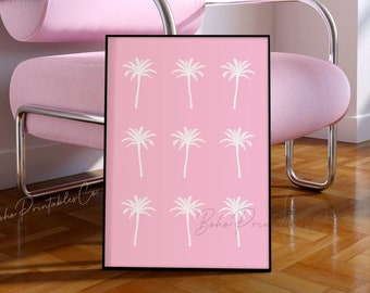 Rosa palmträdstryck, trendig sommarutskrivbar väggkonst, digital nedladdning, strandhusdekor, kustväggdekor, söt lägenhetsdekor