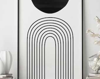 Schwarzweißer Bogen Print, Mid Century Modern Arch Line Kunstdruck, DIGITALER DOWNLOAD, Abstrakter Regenbogen druckbare Wandkunst, Geometrisches Poster
