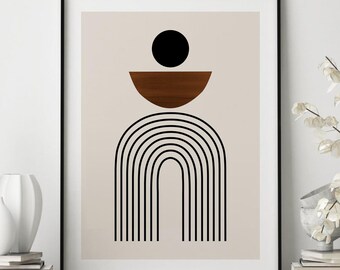Mid Century Modern Geometric Print, DIGITAL DOWNLOAD, Abstract Shapes Printable Wall Art, Black Brown Beige Arch Print, Living Room Print