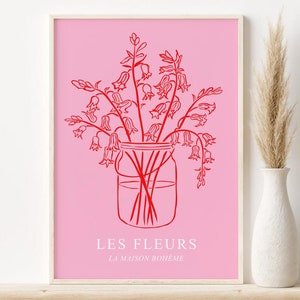 Rosa roter botanischer Druck, abstrakte Blumen druckbare Wandkunst, DIGITALER DOWNLOAD, botanisches Plakat im Matisse-Stil, Blumenmuster
