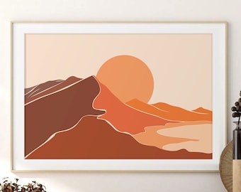 Abstrakcyjny wydruk krajobrazu, drukowana sztuka ścienna, cyfrowy wydruk Terracotta Mountain Sun, wystrój domu Boho, plakat minimalistyczny, neutralna sztuka ścienna