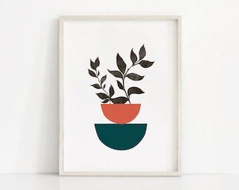 Abstract Botanical Print, Mid Century Modern Art, Printable Wall Art, Abstract Leaf Print, Geometric Shapes, Plant Poster, DIGITAL DOWNLOAD