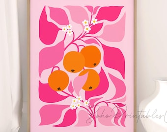 Puede incluir: Una impresión de arte abstracto rosa y naranja con una imagen estilizada de una rama con hojas y frutos. La impresión está enmarcada en un marco de madera claro.