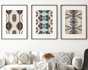 Tribal Art Prints Set of 3, Moroccan Pattern Wall Art, Geometric Printable Wall Art, Modern Boho Abstract Prints Boho Decor Digital Download