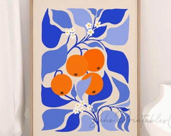 Stampa di alberi di arancio, arte murale stampabile per cucina moderna, poster botanico astratto, DOWNLOAD DIGITALE, stampa di frutta arancione, arredamento per cucina alla moda