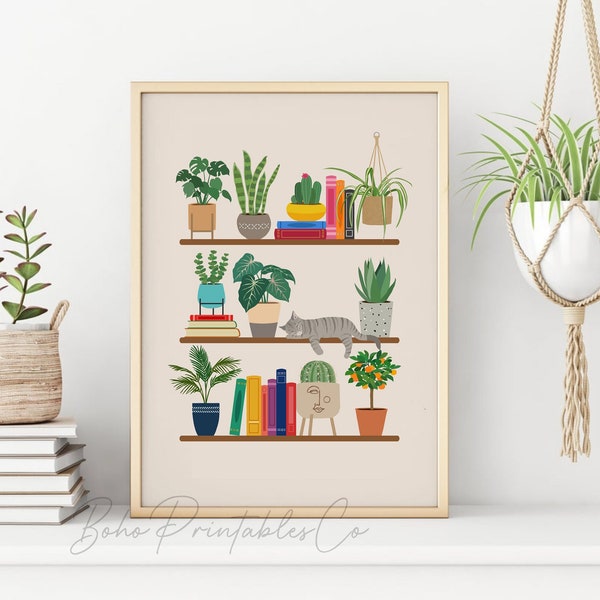 House Plants Books on Shelves Print, Cat and Plants Printable Wall Art, DIGITAL DOWNLOAD, Plant Lover Gift, Books Wall Art, Boho Decor