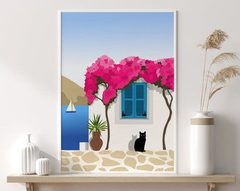 Greek Landscape Art Print, DIGITAL DOWNLOAD, Greek Island Travel Poster, Greece Printable, Greek Building Illustration, Paros Art Print
