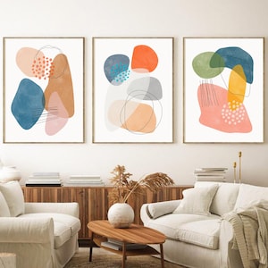 Abstract Shapes Print Set of 3, Geometric Abstract Wall Art, Blue Orange Mustard Mid Century Modern Art, Printable Art, Shapes Poster Set