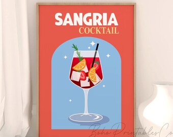 Sangria Print, Retro Cocktail Printable Wall Art, DIGITAL DOWNLOAD, Trendy Cocktail Poster, Bar Cart Decor, Kitchen Wall Art, Alcohol Print