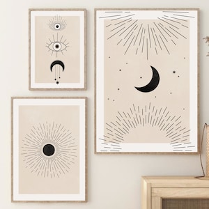 Sun and Moon Boho Print Set of 3, Celestial Printable Wall Art DIGITAL DOWNLOAD, Mid Century Modern Art, Boho Gallery Wall Set, Witchy Decor