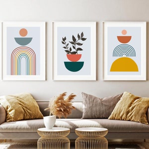 Mid Century Modern Art Prints Set of 3, Geometric Printable Wall Art, Abstract Shapes Print, Blue Mustard Gallery Wall Set, Digital Download