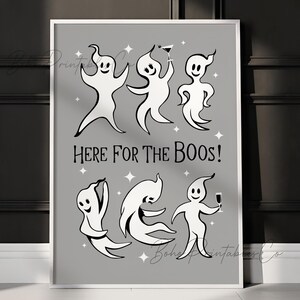 Zabawny nadruk na Halloween, tutaj dla Boos, drukowana sztuka ścienna, dekoracja na imprezę Halloween, cyfrowe pobieranie, uroczy nadruk z duchami, dekoracja retro wózka barowego