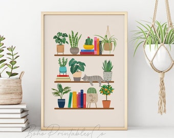 May include: A digital illustration of a shelf with plants, books, and a cat. The shelf has three tiers and is filled with a variety of plants, including a cactus, a palm tree, and a succulent. There are also several books on the shelf, as well as a cat sleeping on one of the tiers. The background is a light beige color.
