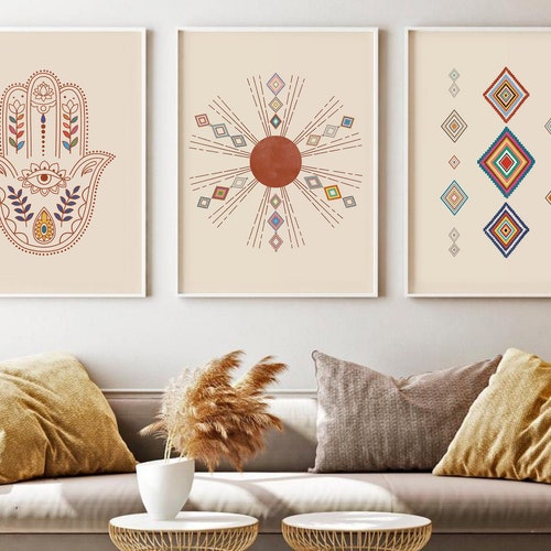 Moroccan Print Set of 3 Boho Abstract Printable Wall Art Sun | Etsy UK