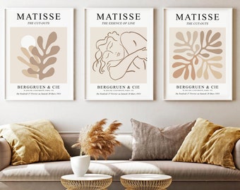 Beige Matisse Druck Set von 3, DIGITALER DOWNLOAD, neutrale abstrakte druckbare Wandkunst, Henri Matisse Ausstellungsplakat, Galeriewandset