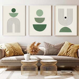Dunkelgrünes abstraktes druckbares Poster, Mid Century Modern Print 3er Set, DIGITALER DOWNLOAD, geometrisches Poster, Salbei grün, Boho-Wanddekoration