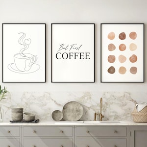 Coffee PRINTABLE Wall Art, Abstract Coffee Art Prints Set of 3, Minimalist Line Art, Neutral Prints, Kitchen Gallery Wall, DIGITAL DOWNLOAD