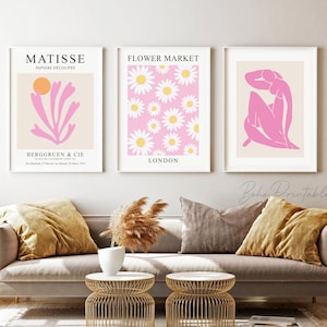 Pink Orange Gallery Wall Set of 3 Prints, Matisse Exhibition Poster Set, DIGITAL DOWNLOAD, Eclectic Printable Wall Art, Flower Market Poster